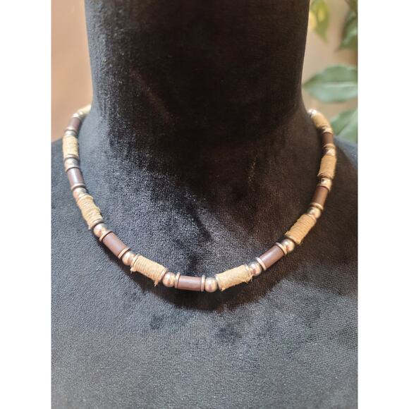 Women's Handmade Beaded Necklace With Wooden Tubes Rope Accents And Lobster Lock - Picture 2 of 5